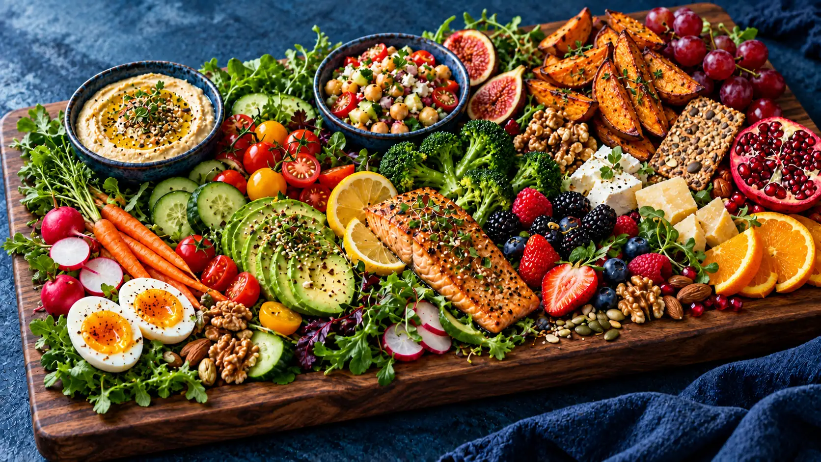 A colorful food board with vegetables, fruit, salmon, eggs, legumes, and nuts.