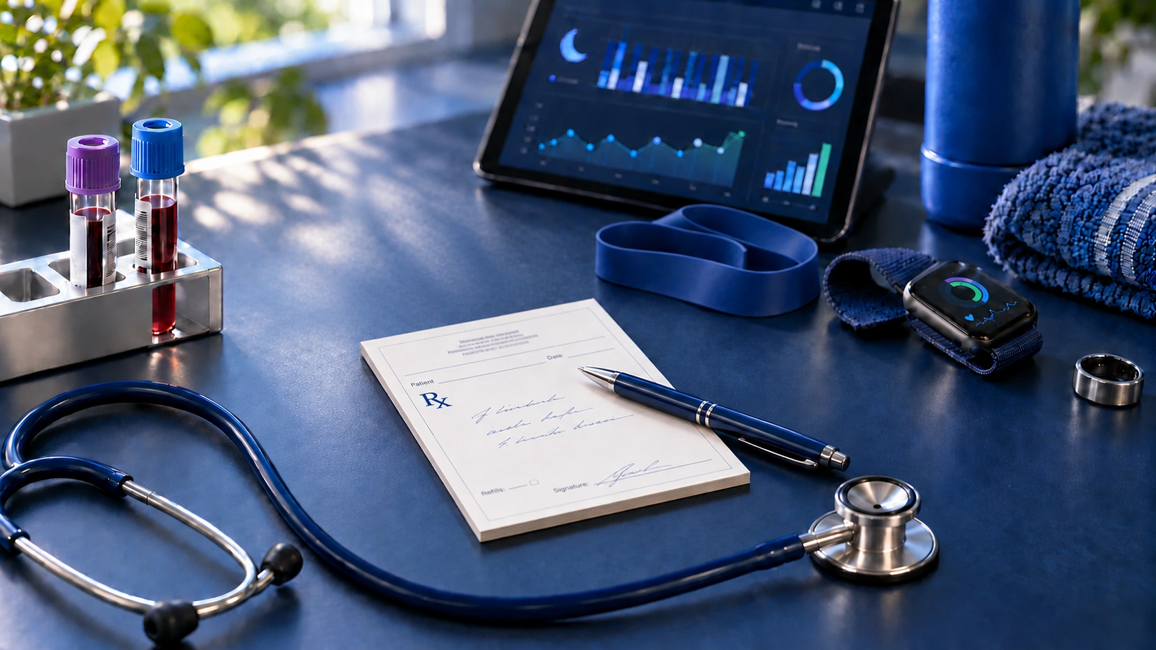 Clinical testing tools, a stethoscope, and lifestyle medicine tools on a blue desk.