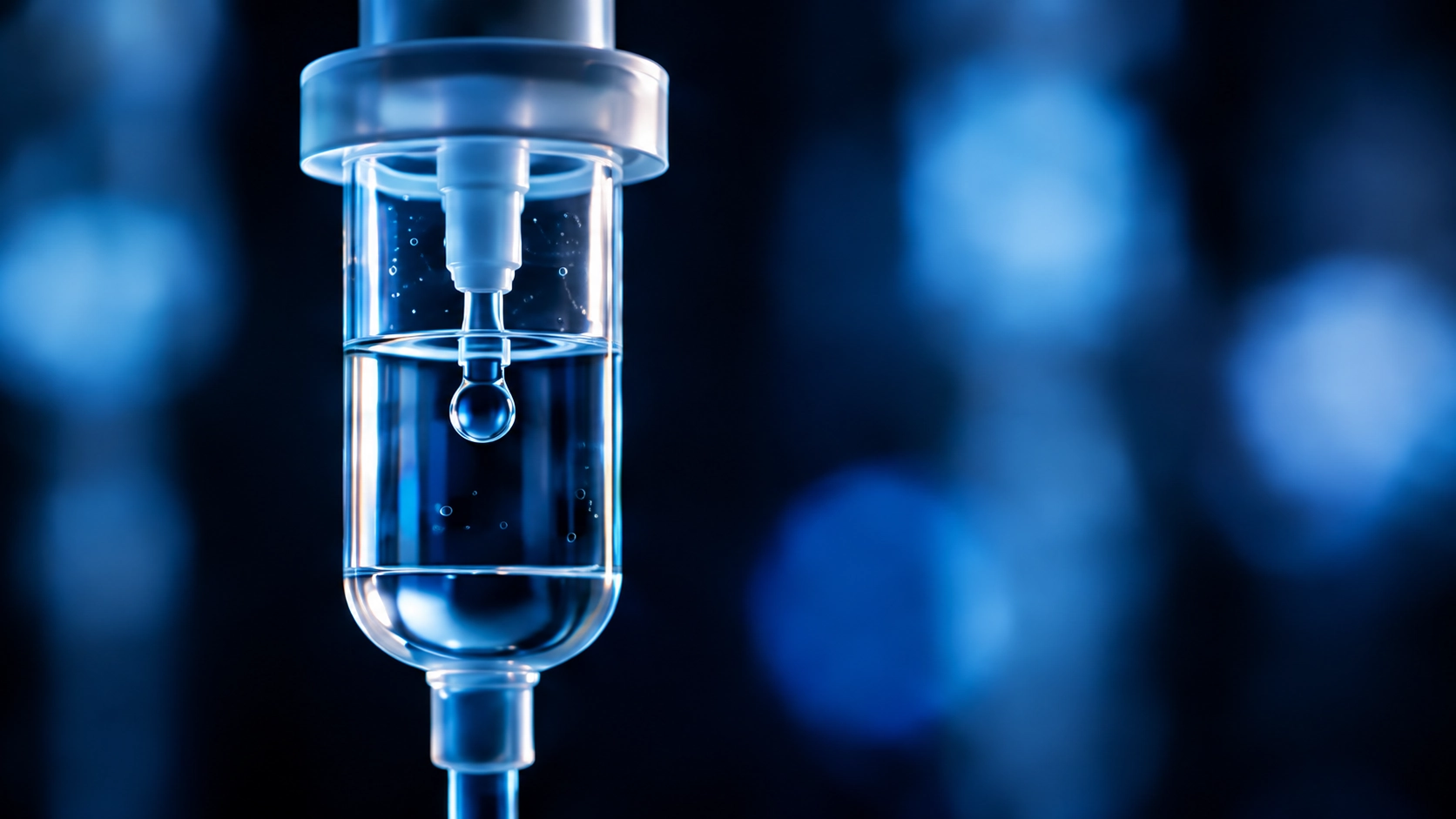 An IV drip chamber against a deep blue background.